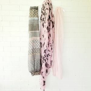 3 light scarves pink, pink butterflies, and grey